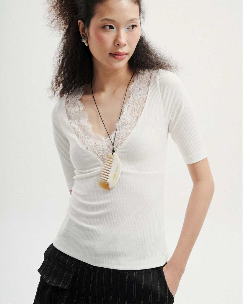 Lace Pop V-line Long Sleeves Top